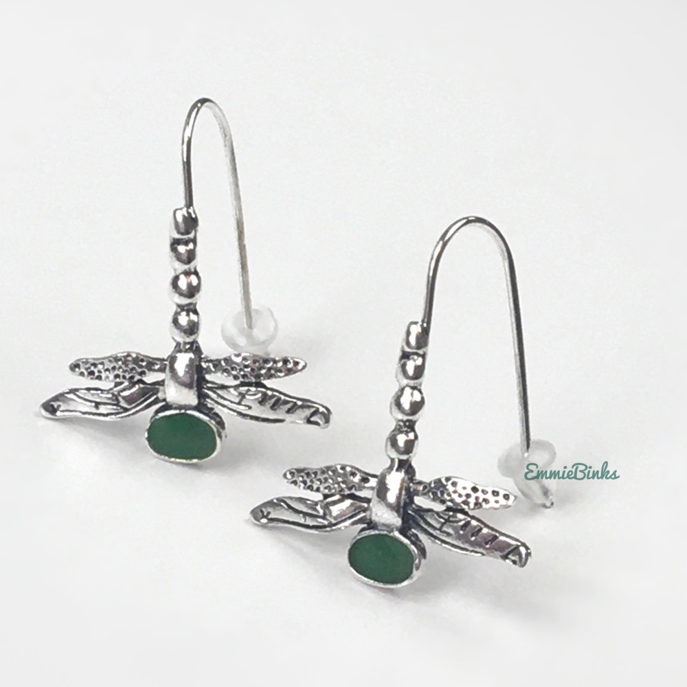 ✨3/$38 New Antique Silver & Green Dragonfly Drop Dangle Earrings - Free People - Picture 2 of 10